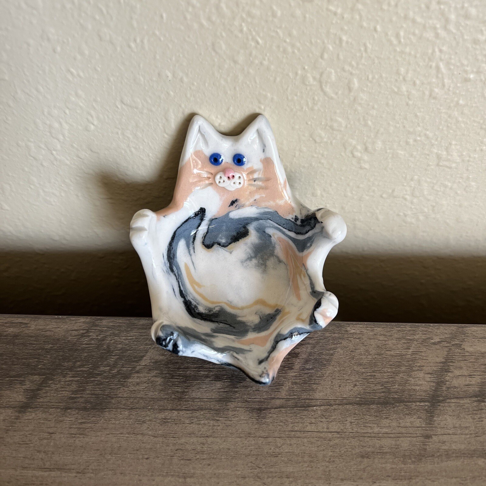 VTG Cat Lady Pottery Trinket Dish Jewelry Coin Holder Swirled Colors Collector