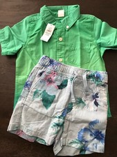 NWT Baby Gap 18 - 24M OUTFIT SET Blue Shorts Green Cotton Button Down Shirt NEW