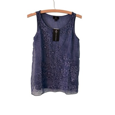 Curations Women s XS Blue Boho Layered Embroidered Lined Floral Tank