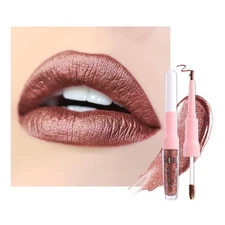 evpct Brown Bronze Metallic Glitter Lip Liner and Lipstick Combo Lip Gloss St...