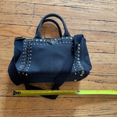 Prada Canapa Studded Black Canvas Tote Bag Strap Rhinestone