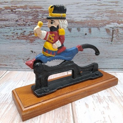 Vintage Cast Iron Nutcracker Drummer Man Mechanical Lever Wood Base Hand Painted