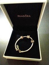 Pandora Childs Bracelet Sterling Silver 925 With 3 Charms Hearts Pearl CZ
