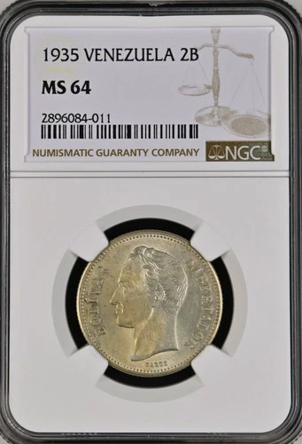 1935 Venezuela 2 Bolivares Silver NGC MS64 Y#23 Graded Mint State BU UNC