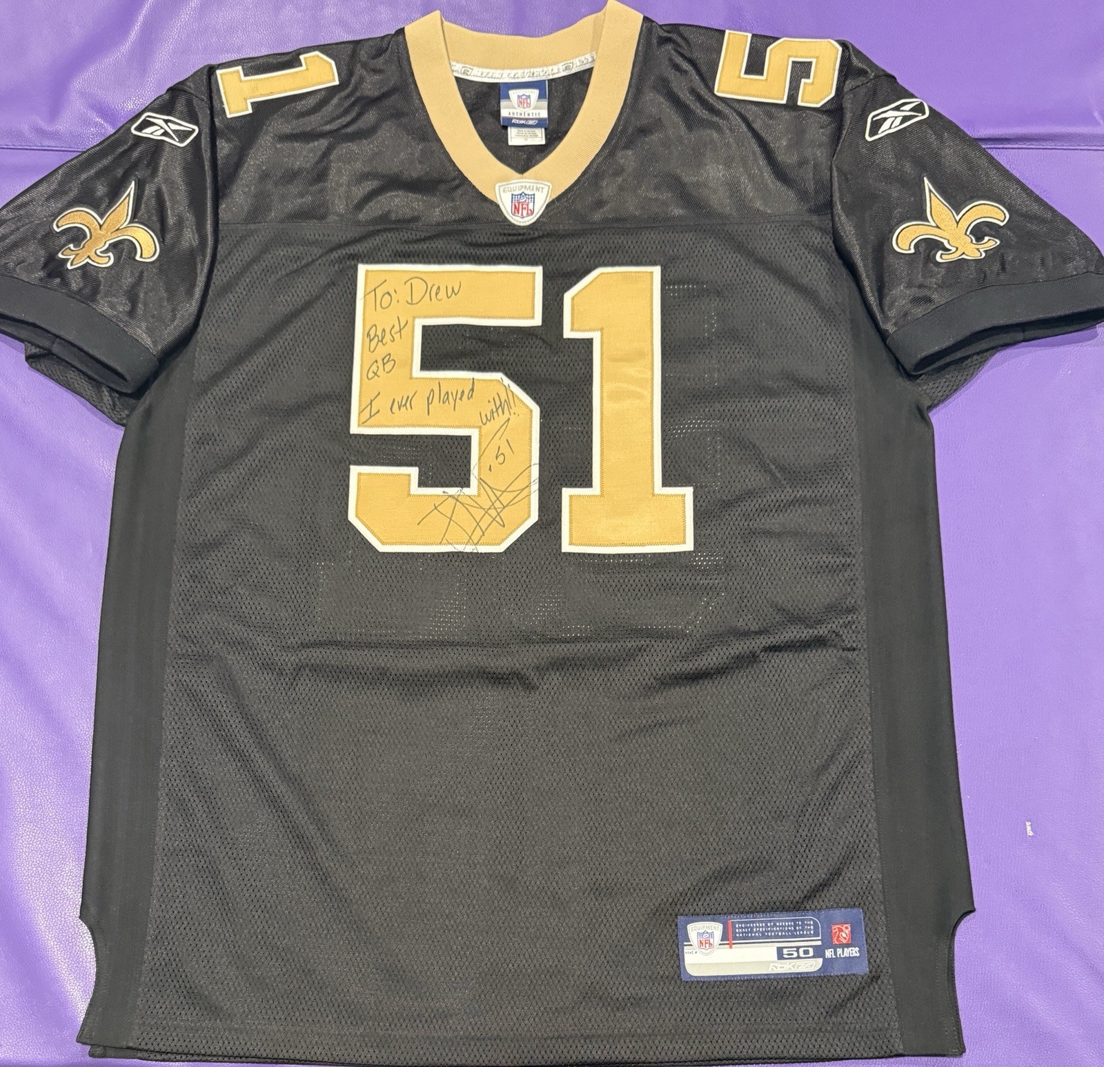 Authentic Jonathan Vilma #51 New Orleans Saints Reebok Jersey Signed 2 Brees 50