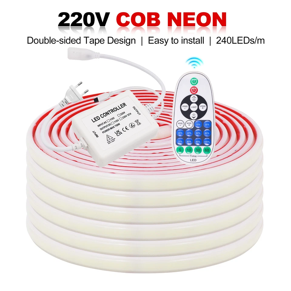 Dimmbar 230V Neon COB LED Stripe Streifen IP67 Band Lichterkette Selbstklebend - Bild 2 von 4