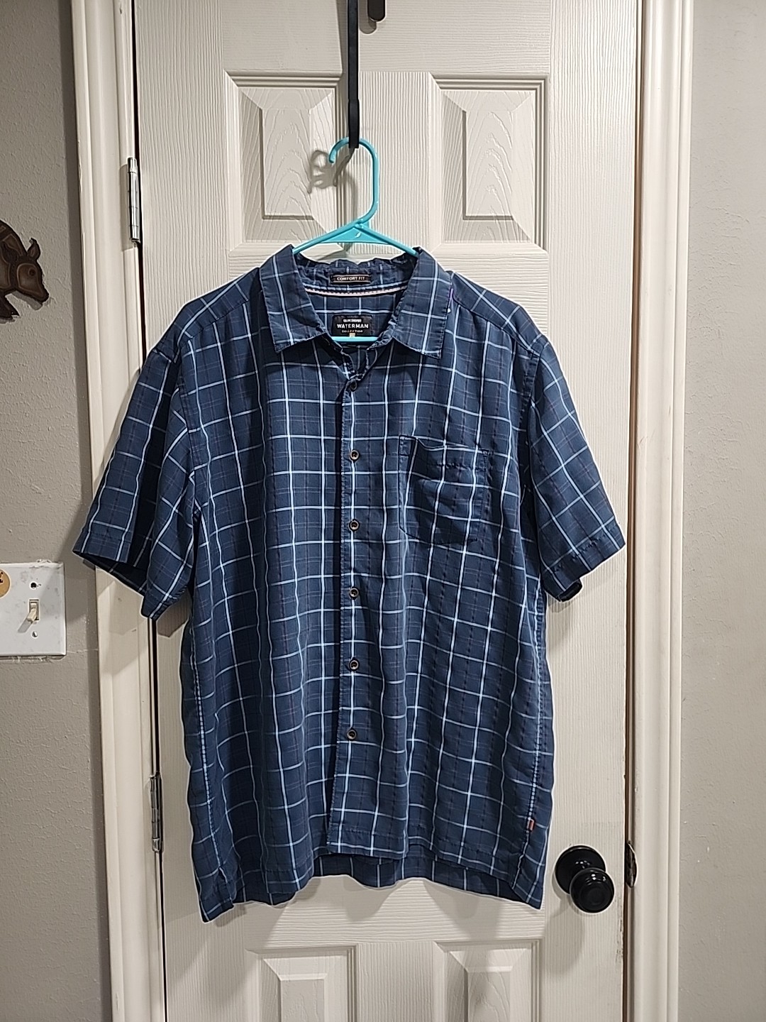 Quiksilver Waterman Comfort Fit Shirt L Blue Plaid Soft Polyester Blend