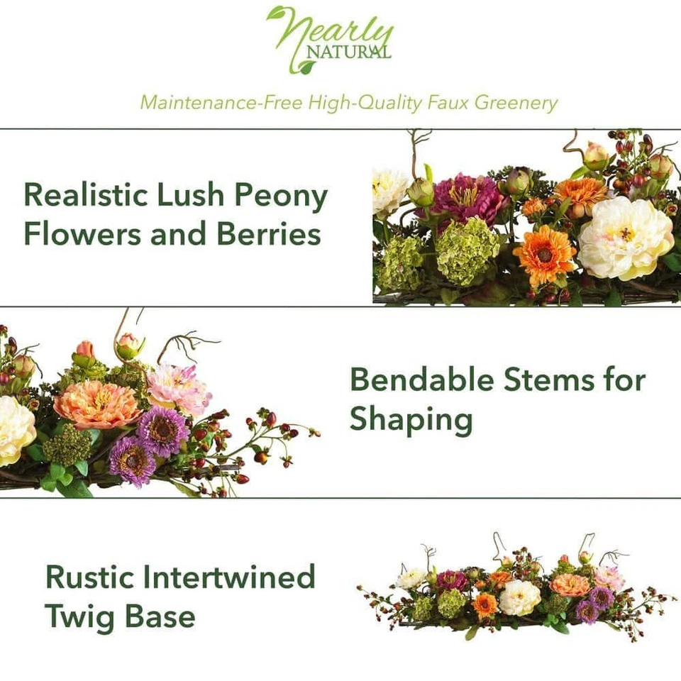 Casi natural 3 pies Centro de mesa de peonía artificial arreglo floral de seda Foto 3 de 4