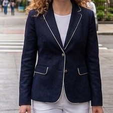 Banana Republic Navy Wool Blazer Italian Fabric White Piping Crest Buttons 6