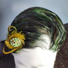 VTG Feather Fascinator Green/Black Half Hat Rhinestone 1920s Flapper Cocktail