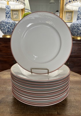 Set Of Six Dansk Tapestries 12  Buffet Dinner Plates Red Trim Jack Lenor Larsen