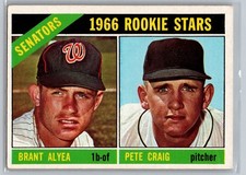 ROOKIE 1966 TOPPS #11 SENATORS BRANT ALYEA--PETE CRAIG..NO CREASES..NICE CARD. rookie card picture