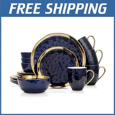 Navy Blue and Gold Porcelain Dinnerware Set, Service for 4