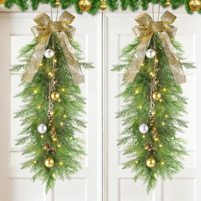 2 Pack 36 Inch Christmas Teardrop Swags with Lights Large Christmas Pine Tear...