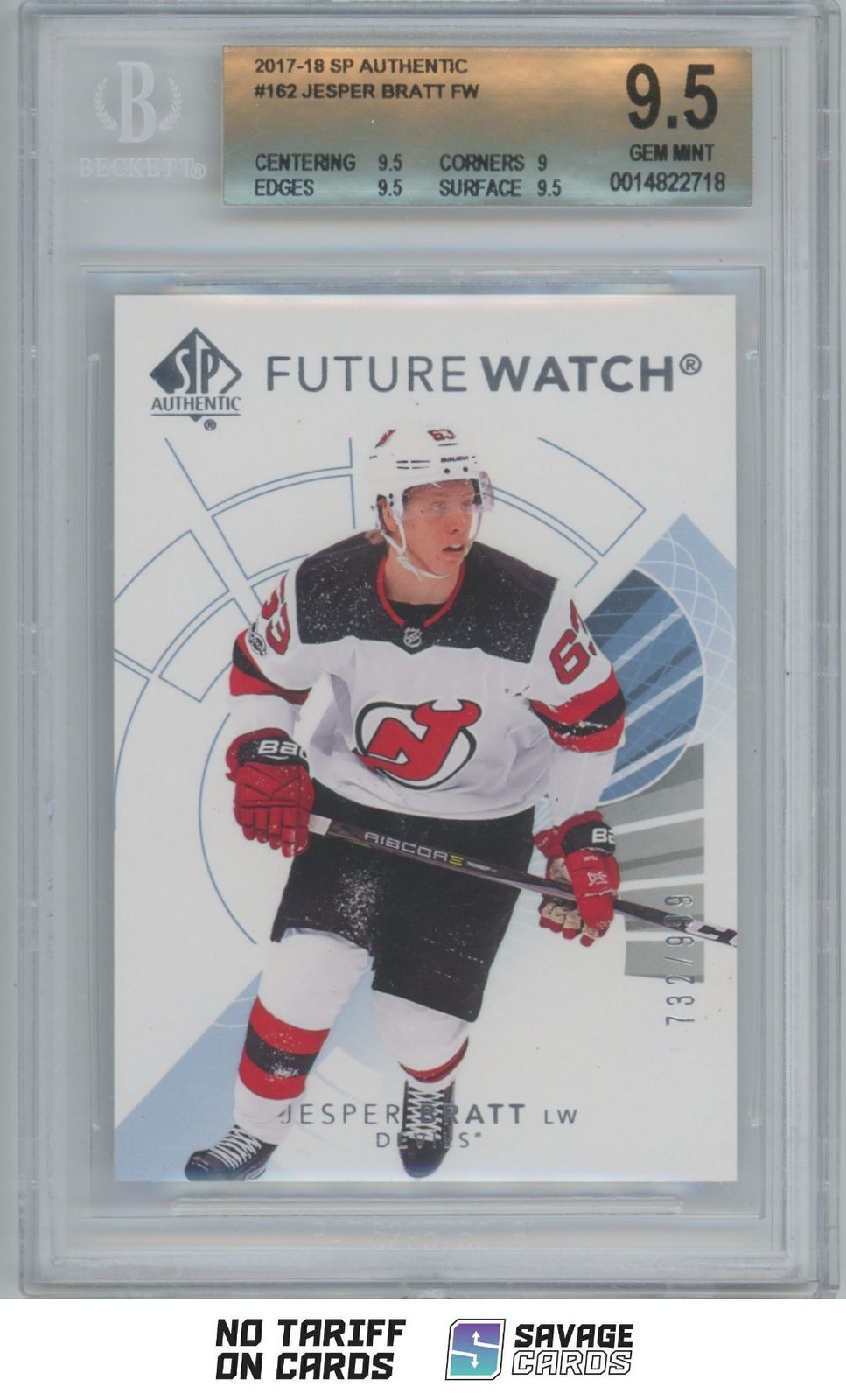 2017-18 SP Authentic Future Watch Jesper Bratt #162 732/999 Rookie BGS 9.5