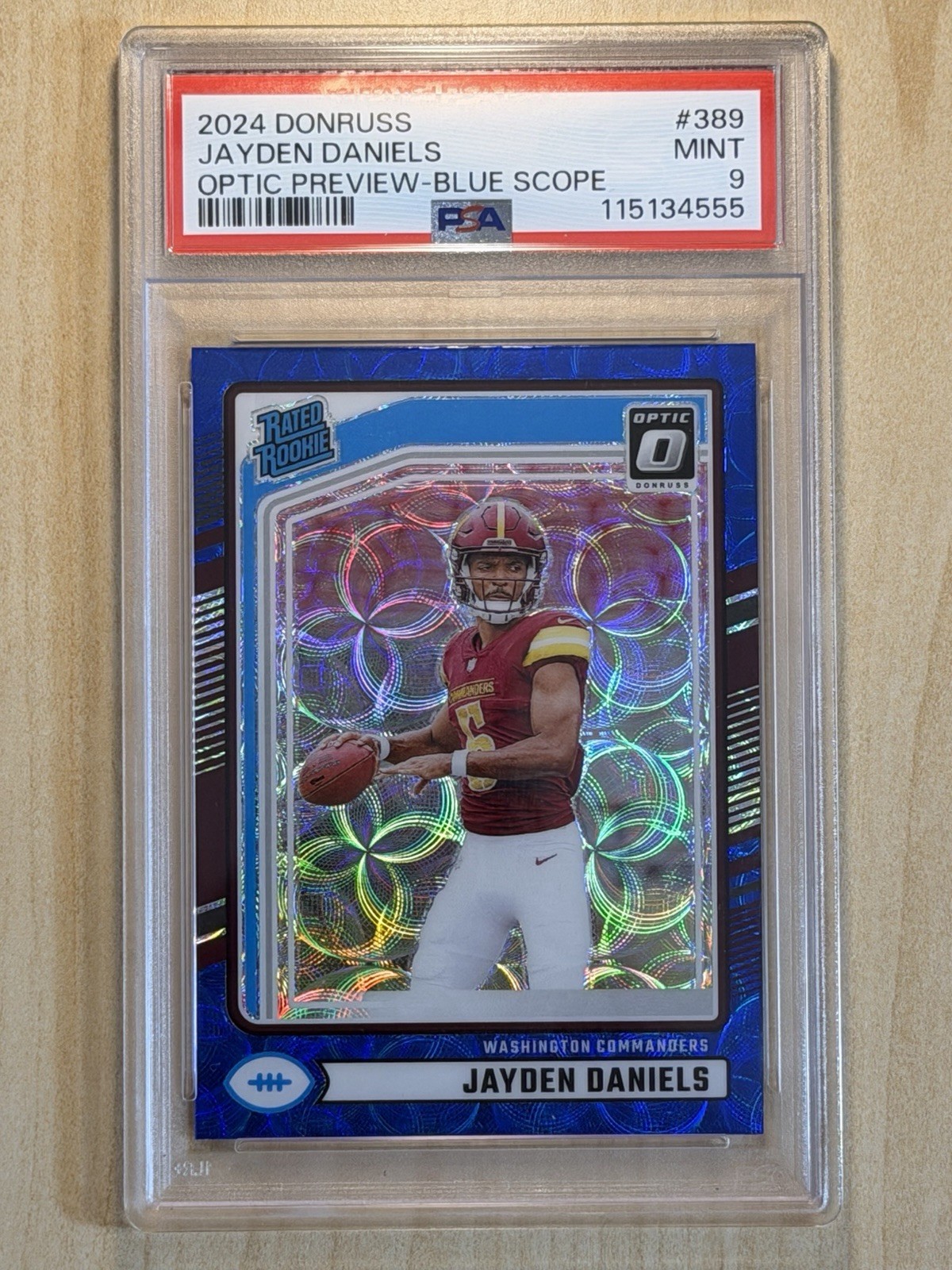 PSA 9 Jayden Daniels Rated Rookie Optic Blue Scope & ✨Lighted Commanders Display view 2