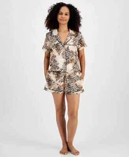 INCInternational Concepts Women's 2Pc Stretch Satin,Pajamas Set, Mix-Animal, XL