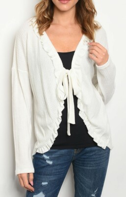 Ivory Ruffled Soft Sweater Knit Long Sleeve Shrug/Cardigan Cover-Up