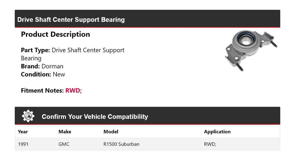 Cojinete de soporte central eje de transmisión Dorman tracción trasera GMC R1500 1991 Suburban Foto 2 de 4