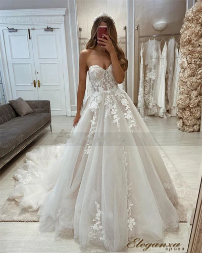 Off the Shoulder Wedding Dresses Detachable Puffy Long Sleeve A line Bridal Gown - Picture 2 of 6