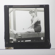 MAGIC LANTERN SLIDE VICTORIAN BATHER SWIMMING IN SEA WITH CHANGING HUT