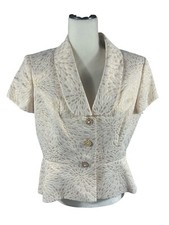 Nipon Boutique Beige W/ Gold Trim Blazer Jacket Floral Short Sleeve Sz M