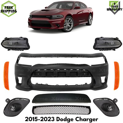 Front Bumper Cover Paintable & Fog Lights Kit For 2015-2023 Dodge Charger