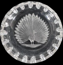 Etched Heavy Crystal Cut Ashtray w/ Peacock In The Center ~ 6.5" x 1.5"
