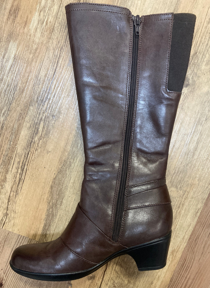 Clarks Women's Wish Excite Brown Leather Knee High Boots Shoes, Side