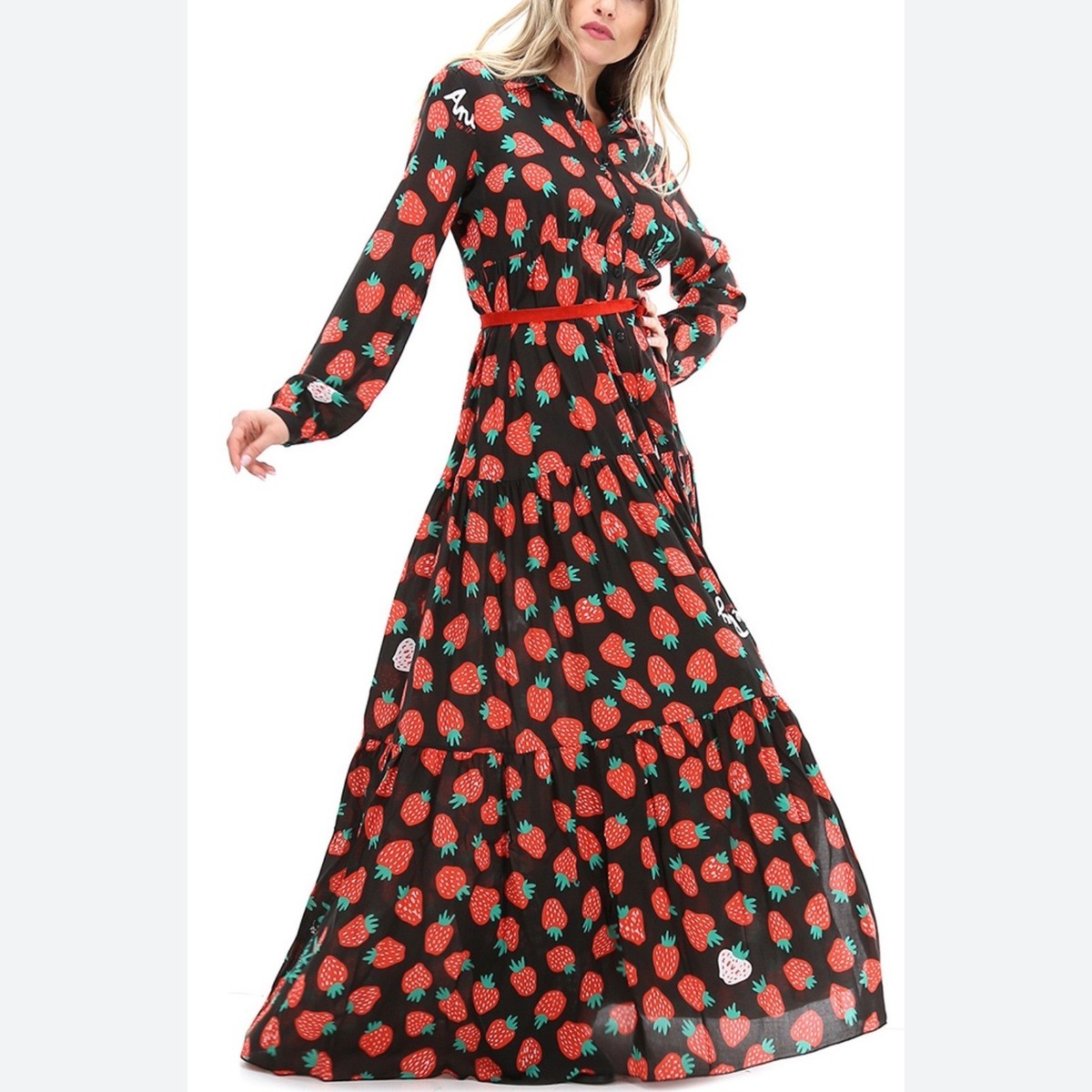 Aniye By Chemisier Tula Strawberry Print Maxi Dress Black Red Size 42 NWT |  eBay