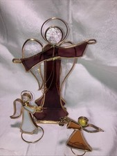 Vintage 8.5  Stained Glass Angel Candle Holders set of 3 Free Standing