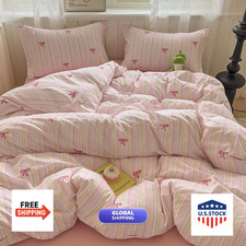 Sedefen Striped Duvet Cover Queen Size Pink Bow Bedding Set Kids Boys Girls