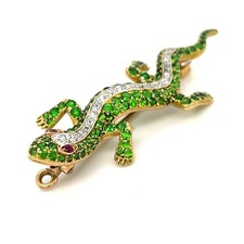 18k Gold 19th Century Antique Demantoid Garnet, Ruby, and Diamond Gecko Brooch