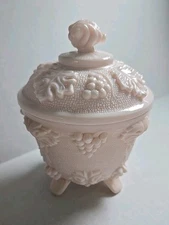 Jeanette Shell Pink Milk Glass Mid Century Modern Footed Candy Jar w/ Grapes