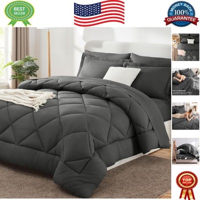 Durable, Machine Washable 7-Piece Dark Grey Queen Bedding Set - Effortless Care