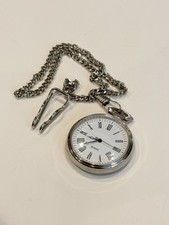Quartz Pocket Watch Open Face White Roman Dial Silver Tone w/ Chain