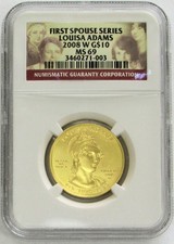 2008 W GOLD $10 LOUISA ADAMS 1/2 oz SPOUSE 3,885 MINTED COIN NGC MINT STATE 69 4159.36 per troy oz