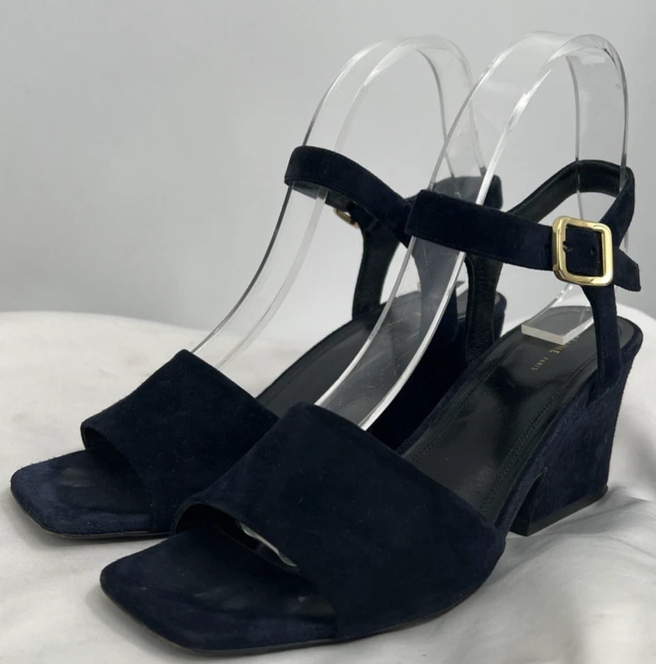 Sandali donna Celine blu navy scamosciati plateau tacco a blocco cinturino alla caviglia taglia 37