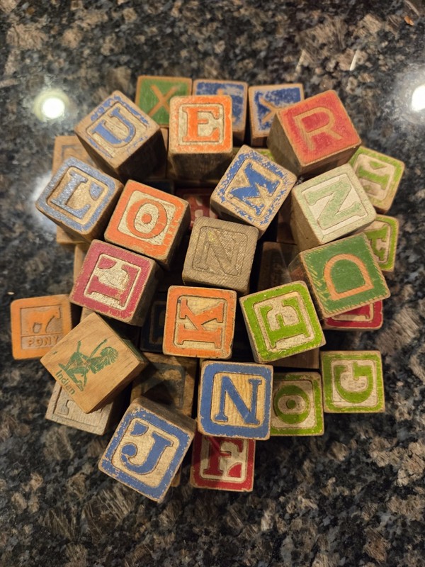 Variety Of 53 Vintage Wooden Alphabet Number And Picture Blocks