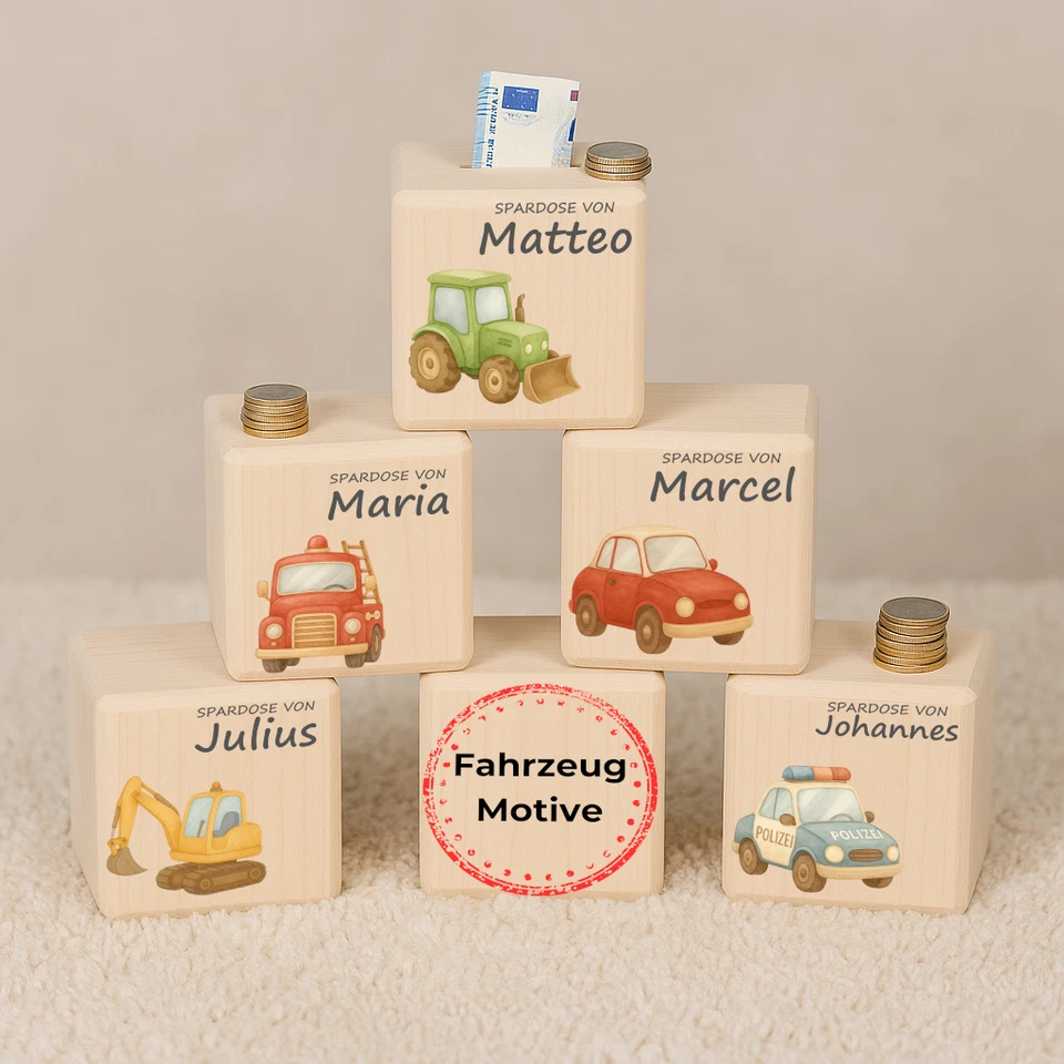 DESCHENK Spardose Fahrzeuge personalisiert Holz Name Geschenk Taufe Geburt Babybox