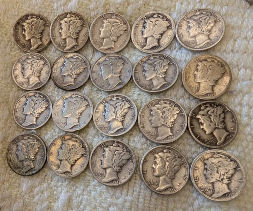 lot of 20 MERCURY Dime 90% Silver-Not Junk Scrap