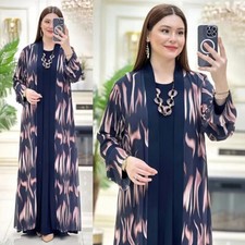 Two Piece Women Muslim Open Kaftan Long Dress Set Abaya Islamic Kimono Ramadan
