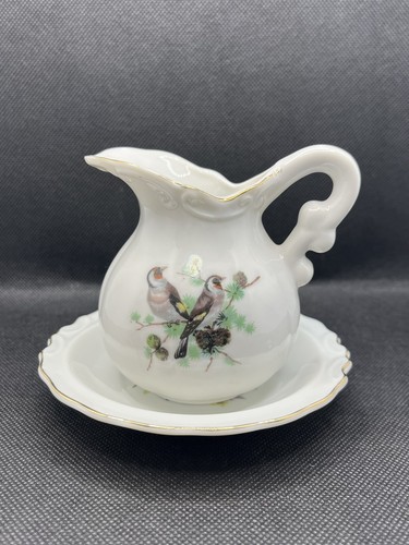 Vintage Porcelain Bird Floral Creamer Under Plate Pitcher Gold Trim Japan