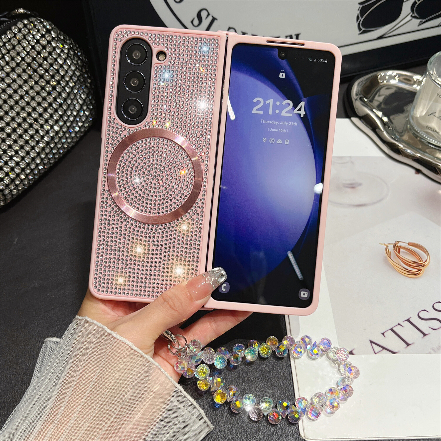 Bling Colorful Diamond Magsafe Case For Samsung Galaxy Z Fold 6 5 4 Cover +Strap-image