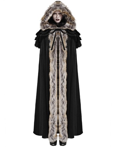 Punk Rave Womens Cloak Coat Jacket Black Fux Fur Gothic Steampunk VTG Regency - Picture 6 of 12