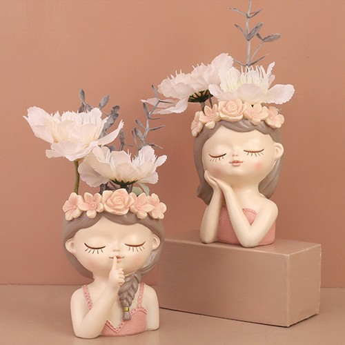 Cute Flower Pot Cartoon Girl Face Succulents Plant Pot Resin Head Planter Decor - Picture 10 of 15