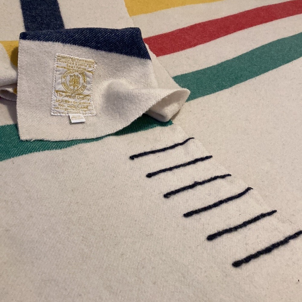 Vintage Hudson Bay 6 Point Blanket Cream 4 Stripe Queen Size Made in