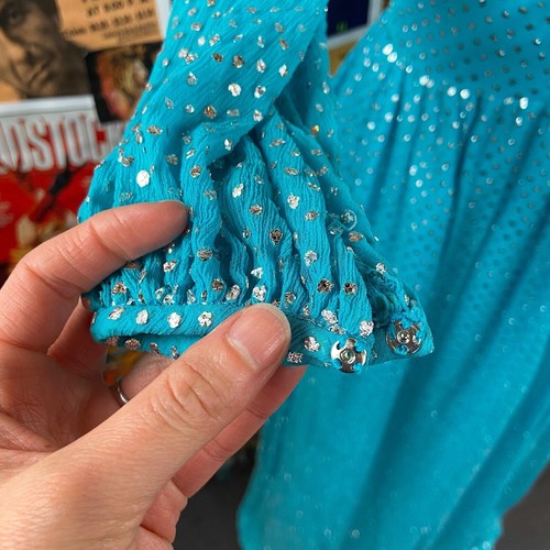 Vtg 60s Blue & Metallic Silver Edna Oliver Scoop Neck Empire Waist Maxi Dress - Picture 5 of 10