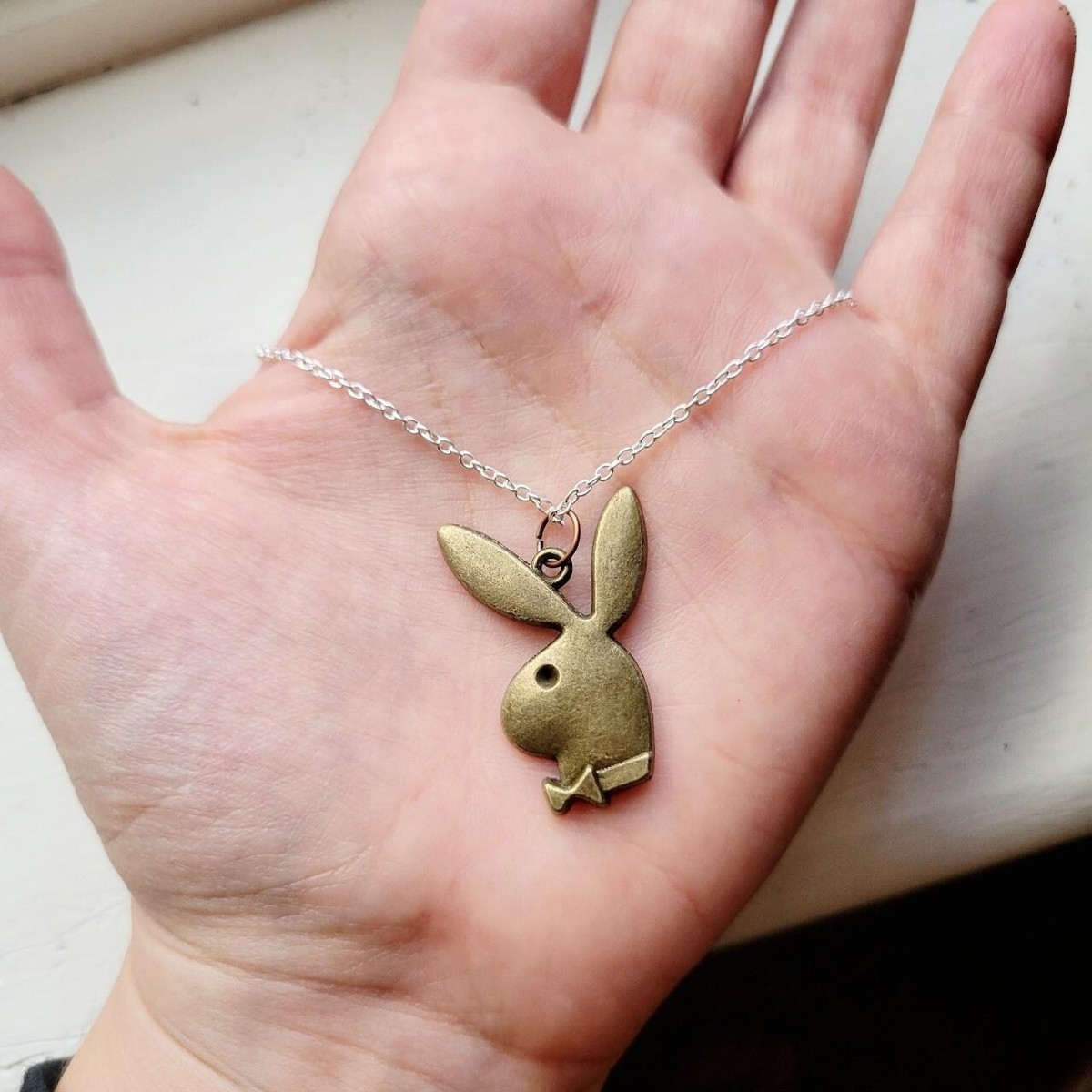 Classic Bronze & Silver Playboy Bunny Pendant Dangle Drop Necklace