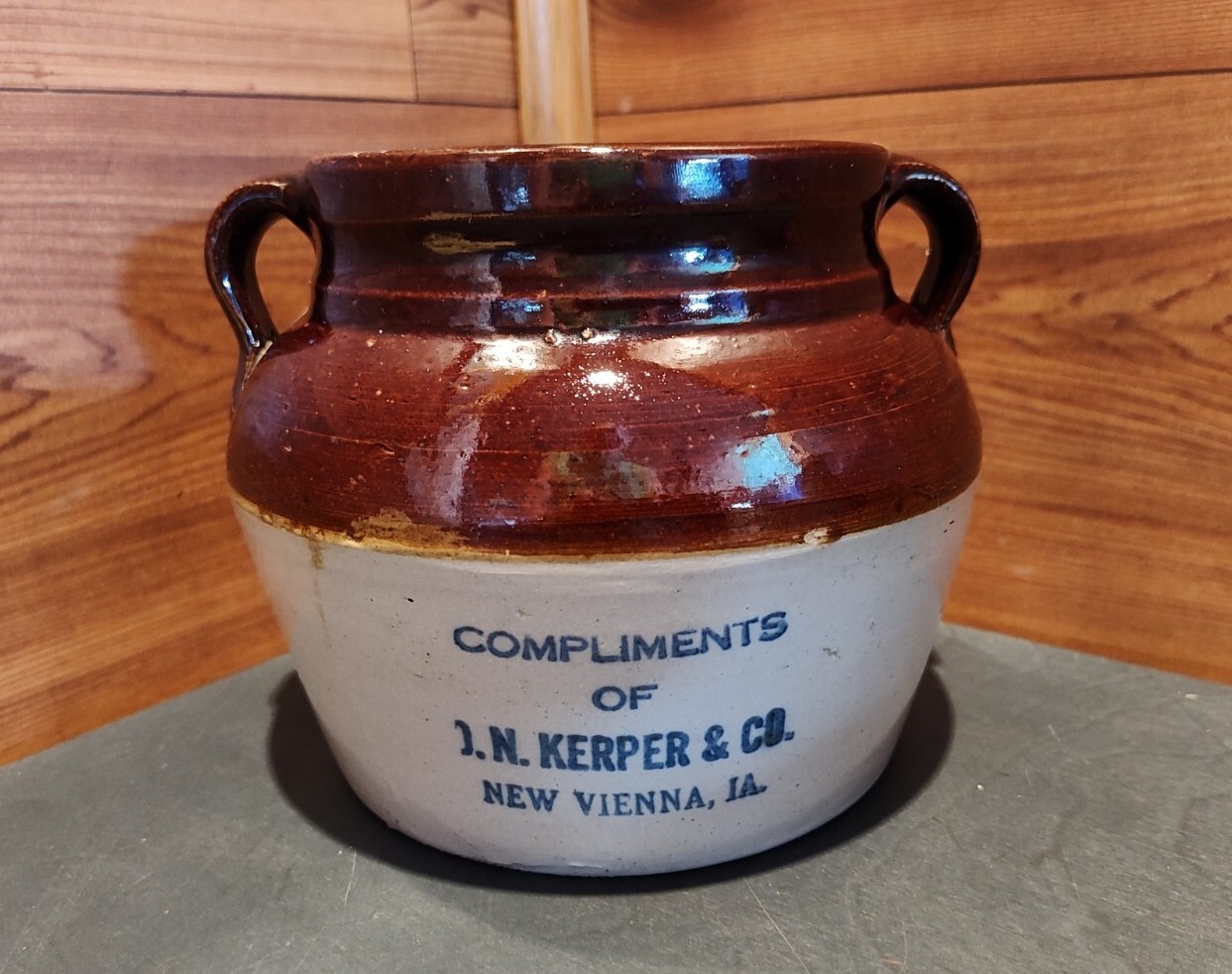 ANTIQUE O.N. KERPER NEW VIENNA, IOWA 2 TONED CERAMIC BEAN POT W/LID eBay